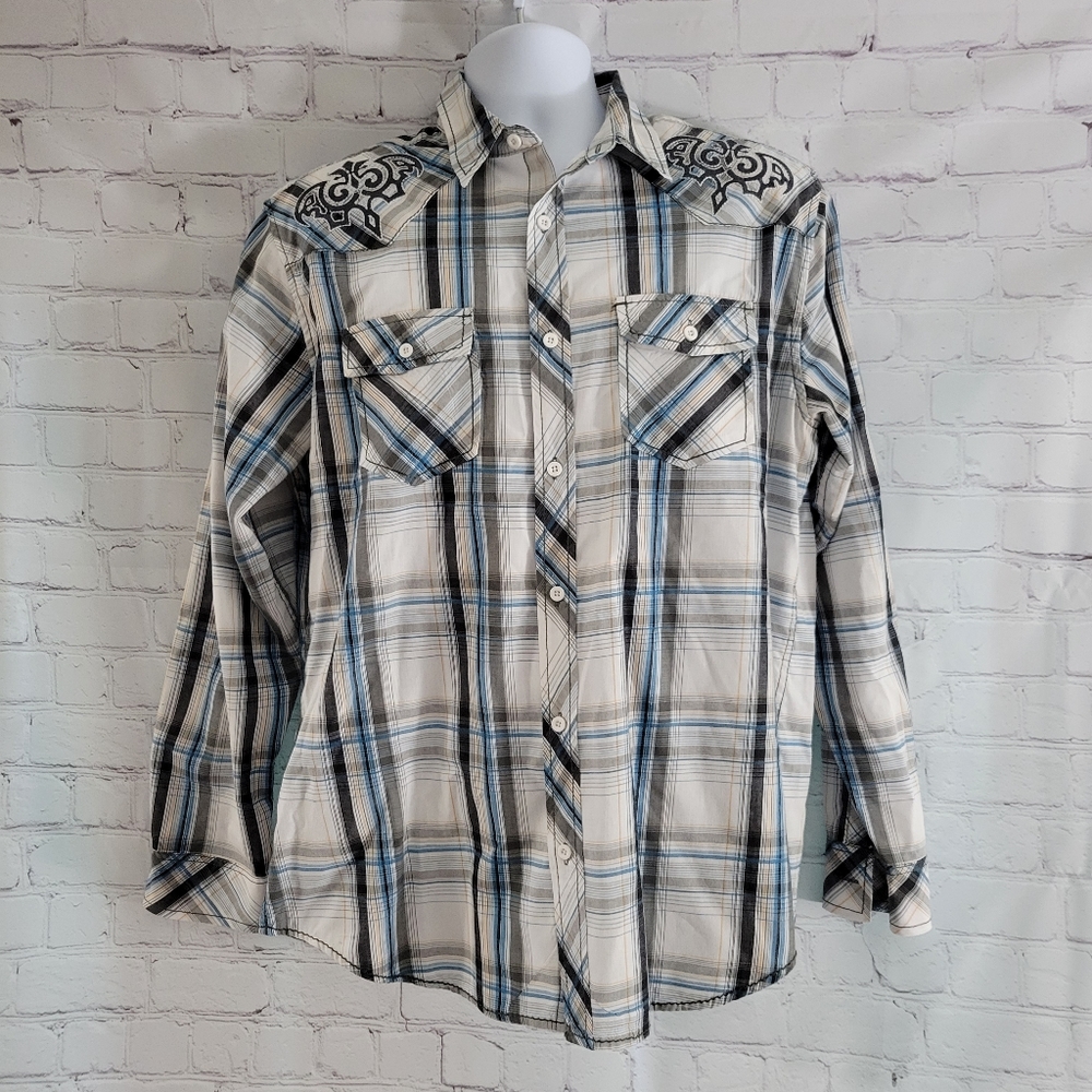 Helix Plaid Embroidered Shirt Sz Large